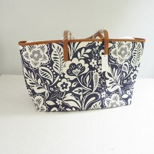 Talbots Floral Print Tote Bag Shopper Travel Beach Navy Blue Large Beach Coastal